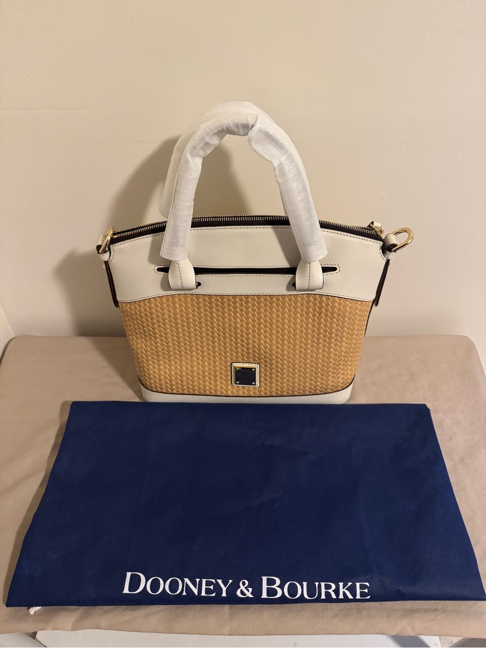 Dooney & Bourke White and Tan Woven Satchel